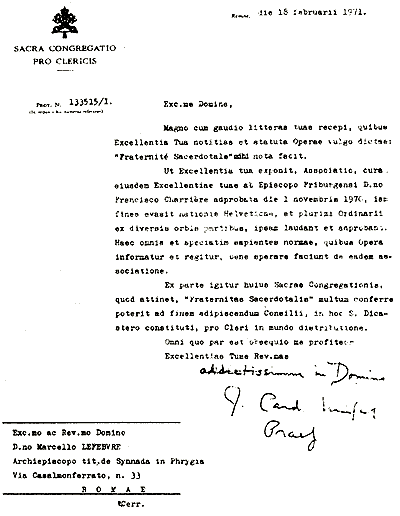 Cardinal Wright's letter of 18 February 1971