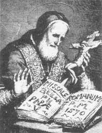Pope St. Pius V with a crucifix and the Missale Romanum
