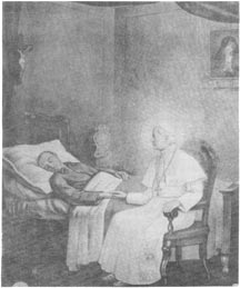 Drawing of St Pius X appearing at the bedside of Francis Belsani