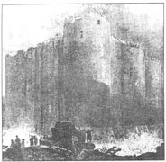 Drawing of a high-walled castle surrounded by flames