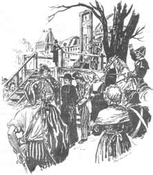 A priest is brought toward the guillotine