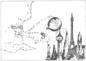 Cartoon: A cloud (Spirit of Vatican II) blows a hot-air ballon (RENEW) but the balloon is punctured on a spire (communism).  Other tall pointed objects (liberalism, ecumenism, modernism, humanism, and materialism) surround the balloon.