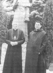 Archbishop Lefebvre and Fr. Cyprian before the statue of St. Pius X at Econe