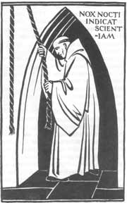 Drawing of a monk pulling a bell-cord