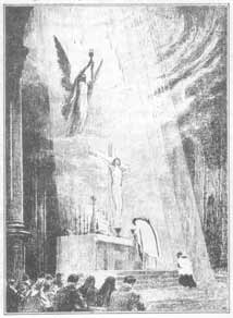 Drawing of the Holy Mass, with Crucifix appearing above the altar and Angel offering the Chalice to the Father