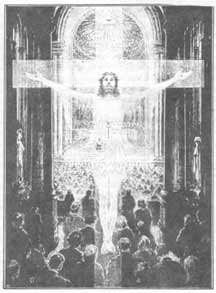 Drawing of a crucifix appearing over the faithful in the foreground and the Mass in the background
