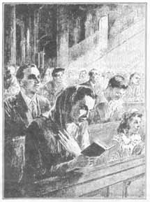 Drawing of a congragation praying while light shines down from above the altar