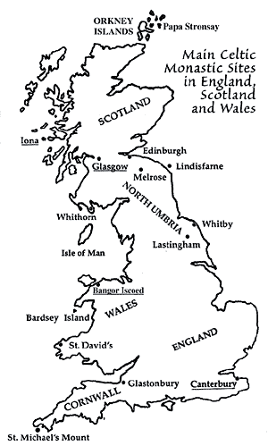 Main Celticic Monastic Sites England, Scotland and Wales: click to enlarge